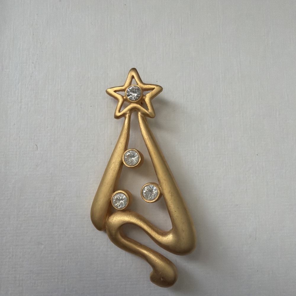 Vintage Christmas Tree Matte Gold Tone Clear Rhinestones Brooch Pin Modernist